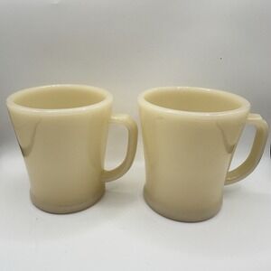 VTG Pair Of 2 Cream FIRE KING Oven Glass Handle Flat Bottom Coffee Mugs Cups